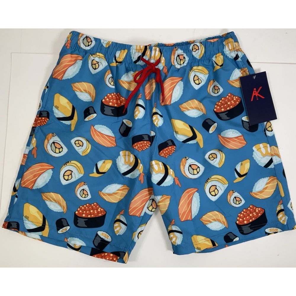 NWT Men's AK Quality Wear‎ Lined Swim Trunks Blue w/ Various Sushi - Medium